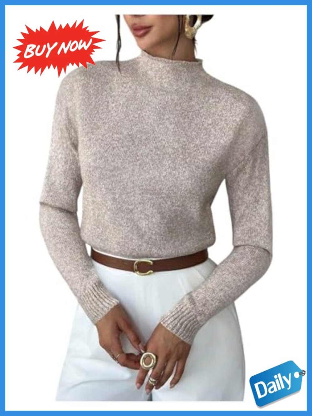 Mock Neck Rib Knit Crop Sweater Long Sleeve Pullover